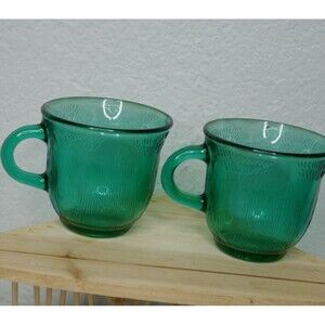 Vintage Fortecrisa Mexico Emerald Green Glass Tea Cup Mug 1980s Set of 2